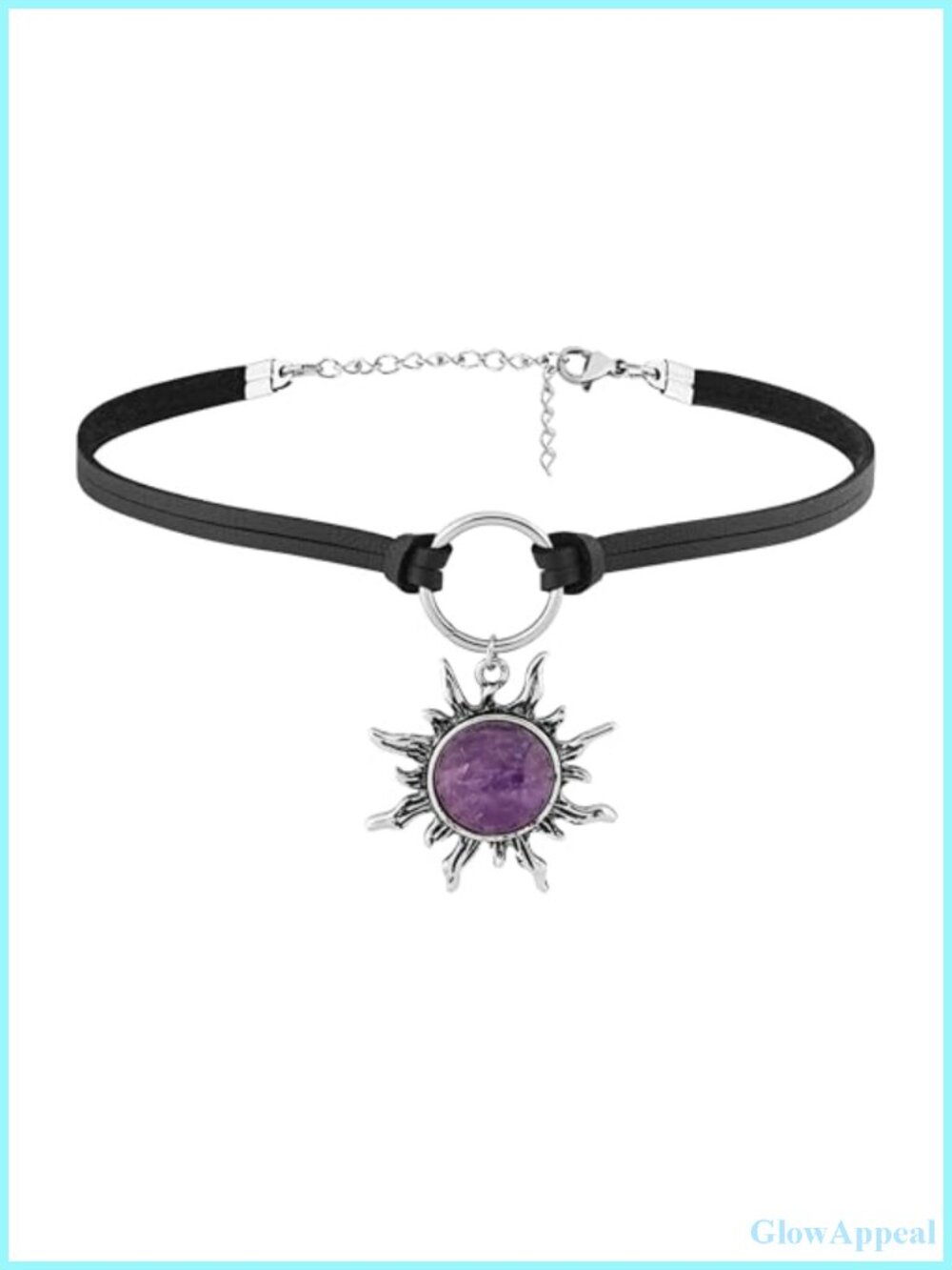 Gothic Sun Choker Necklace Faux Leather Stainless Steel Crystal Pendant